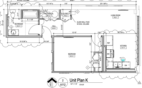 Floor plan for 1 bed, 1 bath, 574 sqft